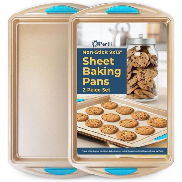 Cookie Sheet Baking Pan 2 Piece Set,9x13" Gold Nonstick Trays with Blue Silicone - Picture 1 of 8